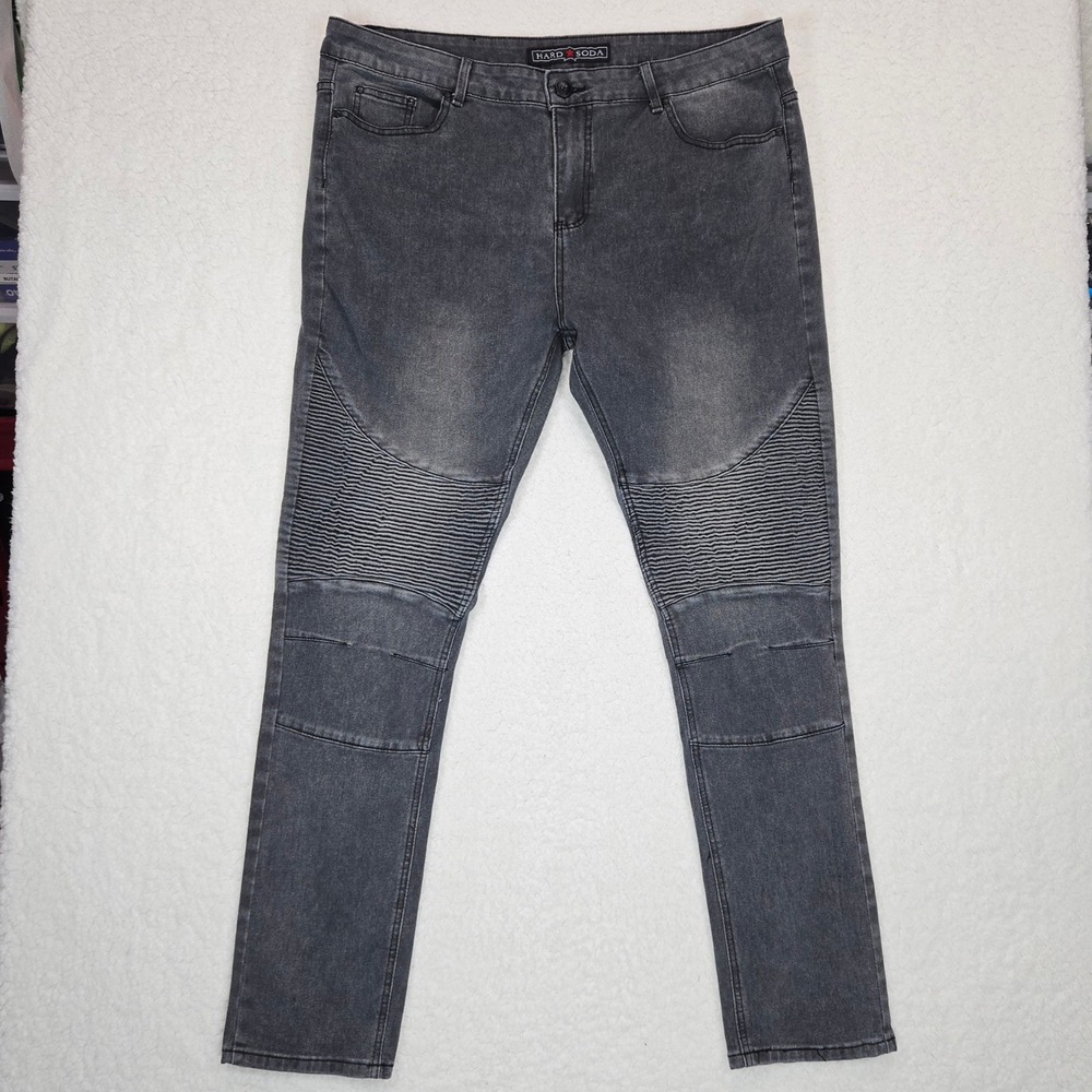Hard Soda Men's Moto Skinny Jeans 36x32 Black Washed Ribbed Knee‎ Stretch Denim